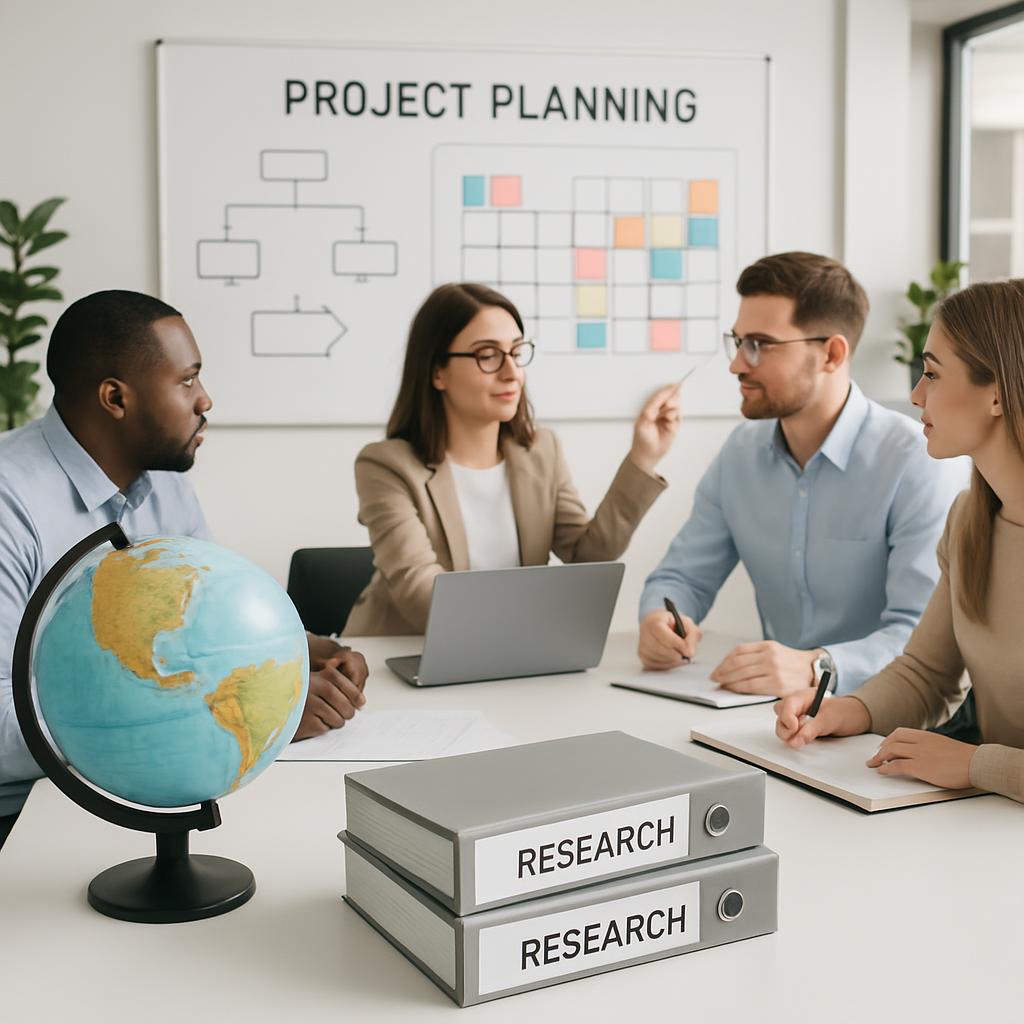 Four people sitting at a table, with a laptop and binders labeled "Research" in front of them. A whiteboard labeled "Proje...