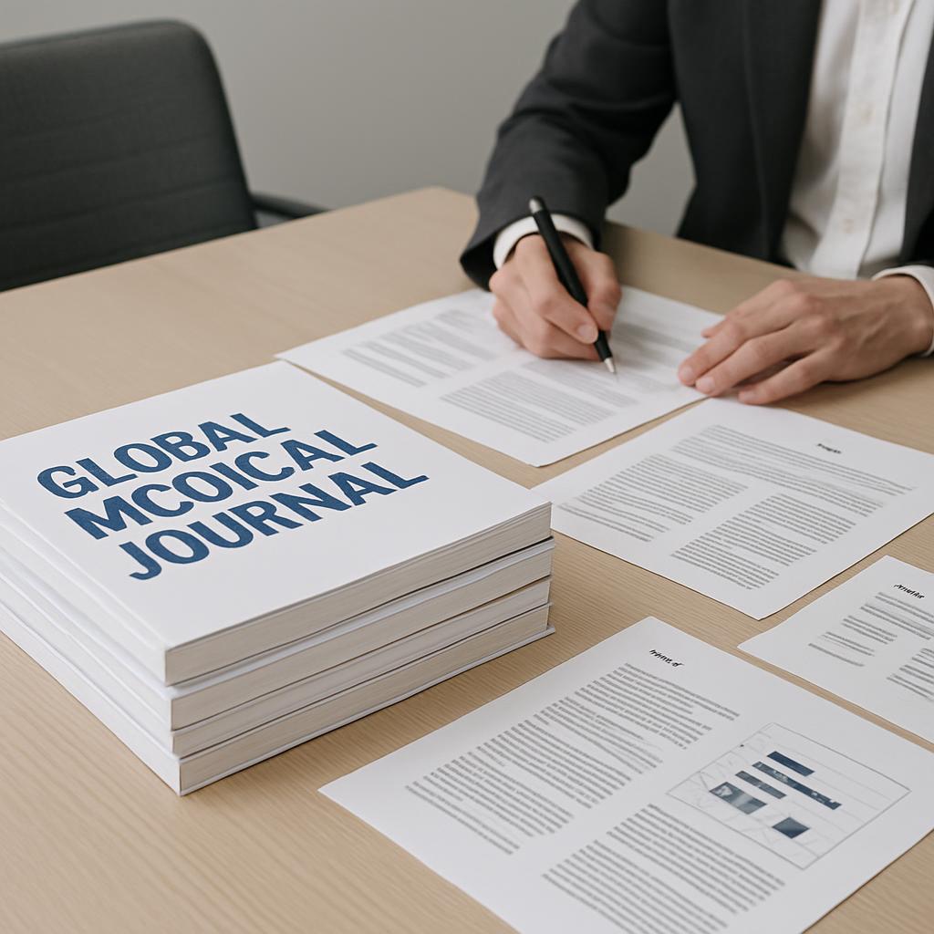 A stack of large books with a cover reading "GLOBAL MCOICAL JOURNAL", images and a person writing on a paper in background.