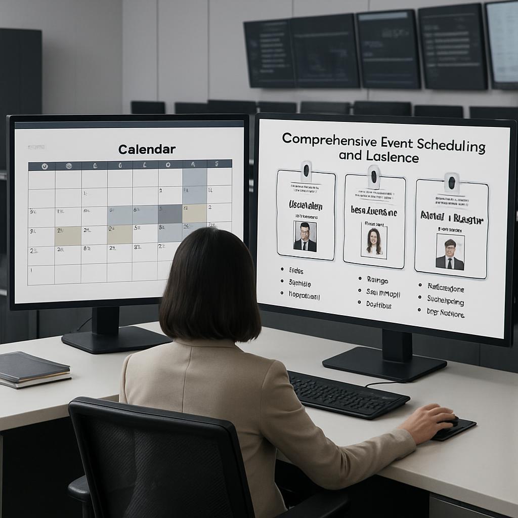 A computer monitor displaying a calendar and presentation slide with event scheduling information on a desk with a woman s...